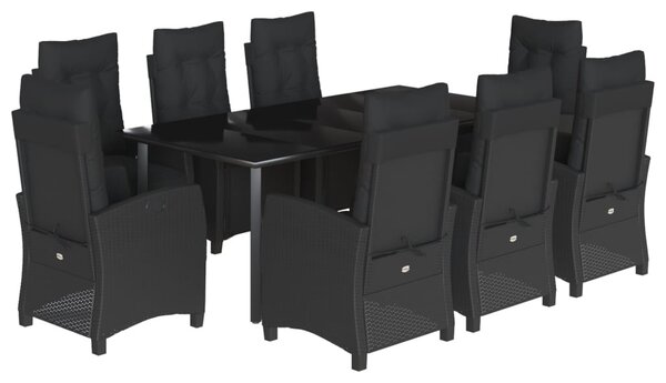 9 részes fekete polyrattan kerti étkezőgarnitúra párnákkal