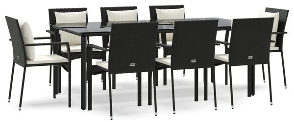 9 részes fekete polyrattan kerti étkezőgarnitúra párnákkal