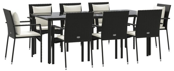 9 részes fekete polyrattan kerti étkezőgarnitúra párnákkal