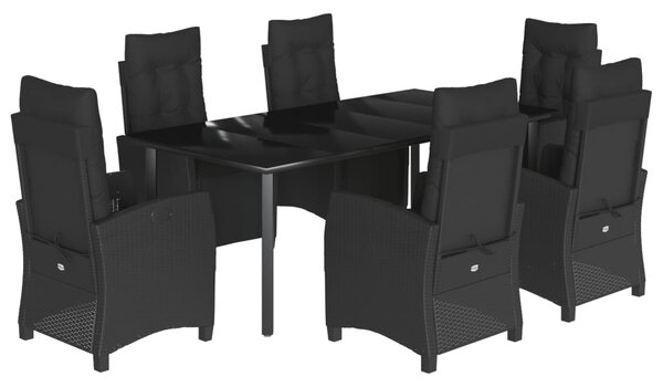 7 részes fekete polyrattan kerti étkezőgarnitúra párnával