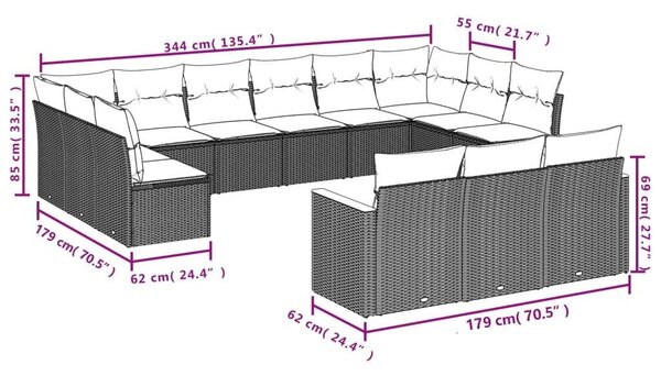 VidaXL 13 részes fekete polyrattan kerti ülőgarnitúra párnákkal