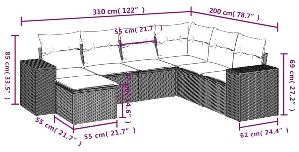 VidaXL Polyrattan Kerti Ülőgarnitúra - 7 részes - Fekete