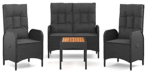 4 részes fekete polyrattan kerti étkezőszett párnákkal