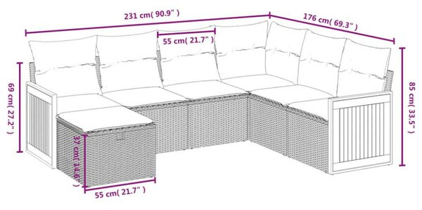 Polyrattan Kerti Ülőgarnitúra - 7 részes - Fekete
