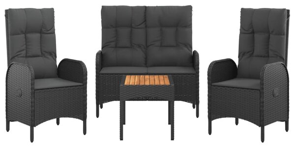 4 részes fekete polyrattan kerti étkezőszett párnákkal
