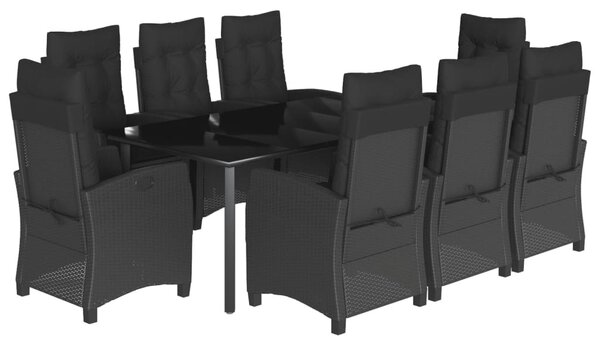 9 részes fekete polyrattan kerti étkezőgarnitúra párnákkal