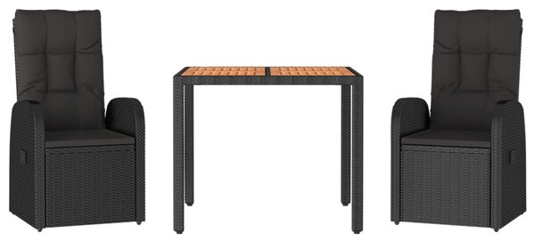 3 részes fekete polyrattan kerti étkezőgarnitúra párnákkal