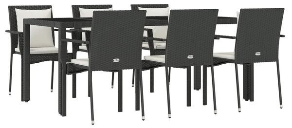 7 részes fekete polyrattan kerti étkezőgarnitúra párnával