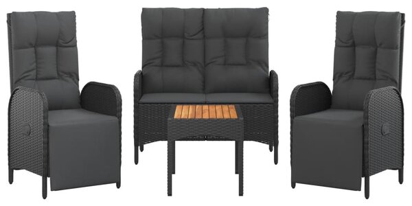 4 részes fekete polyrattan kerti étkezőszett párnákkal