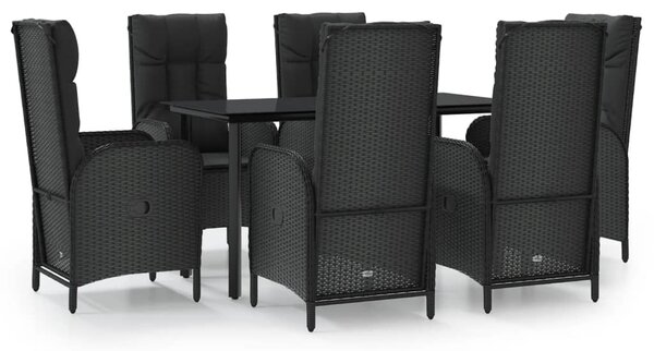 7 részes fekete polyrattan kerti étkezőgarnitúra párnával