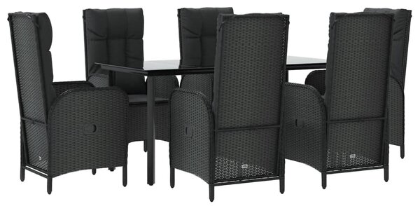 7 részes fekete polyrattan kerti étkezőgarnitúra párnával