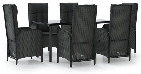 7 részes fekete polyrattan kerti étkezőgarnitúra párnával