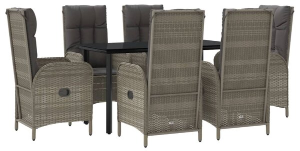 7 részes fekete és szürke polyrattan kerti étkezőszett párnával