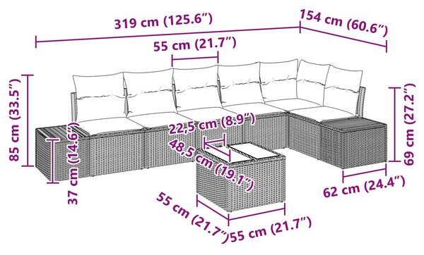 VidaXL Kerti Kanapé Szett párnával 7 pcs Barna polirattan