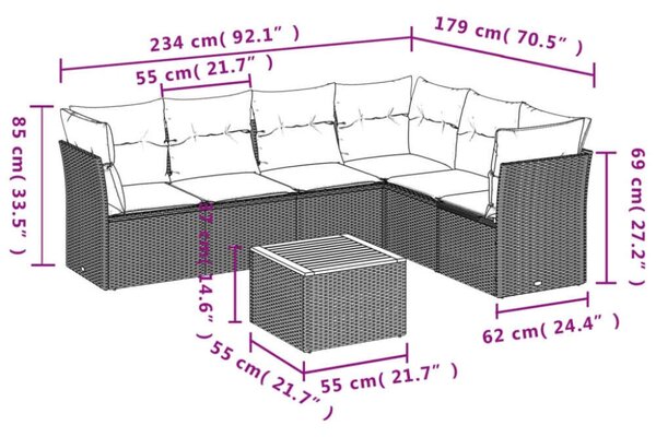 VidaXL 7 részes fekete polyrattan kerti ülőgarnitúra párnával