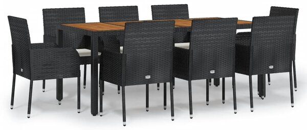 9 részes fekete polyrattan kerti étkezőgarnitúra párnákkal