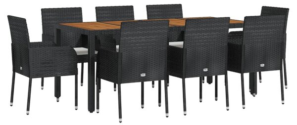 9 részes fekete polyrattan kerti étkezőgarnitúra párnákkal