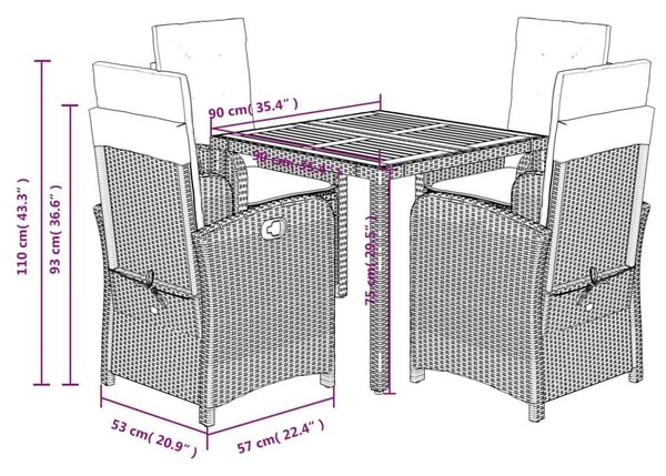 VidaXL - 5 Részes Kerti Étkezőgarnitúra - Polyrattan - Fekete
