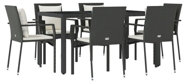 7 részes fekete polyrattan kerti étkezőgarnitúra párnával