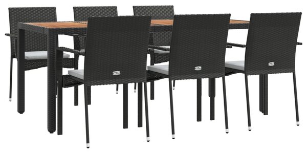 7 részes fekete polyrattan kerti étkezőgarnitúra párnával