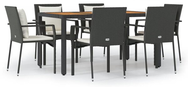 7 részes fekete polyrattan kerti étkezőgarnitúra párnával