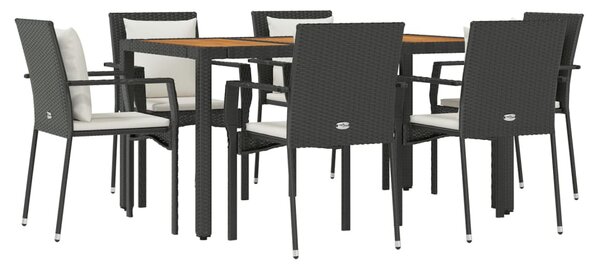7 részes fekete polyrattan kerti étkezőgarnitúra párnával