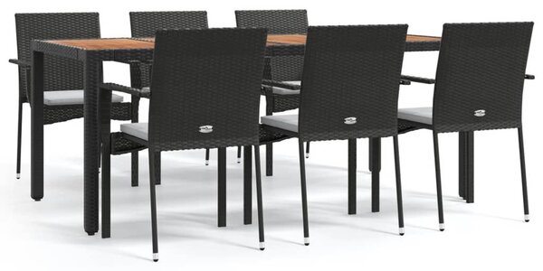 7 részes fekete polyrattan kerti étkezőgarnitúra párnával