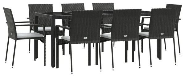 9 részes fekete polyrattan kerti étkezőgarnitúra párnákkal