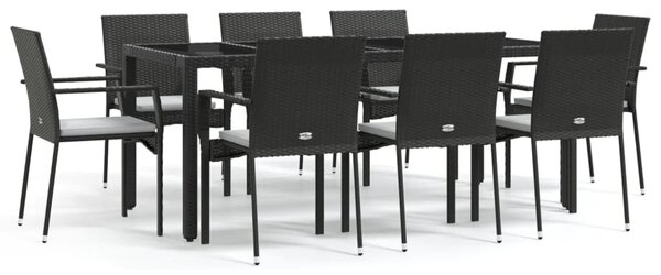 9 részes fekete polyrattan kerti étkezőgarnitúra párnákkal