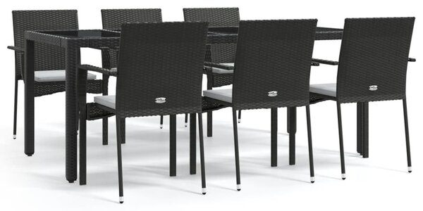 7 részes fekete polyrattan kerti étkezőgarnitúra párnával