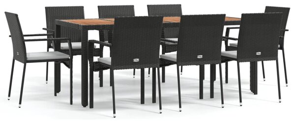 9 részes fekete polyrattan kerti étkezőgarnitúra párnákkal