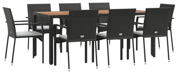 9 részes fekete polyrattan kerti étkezőgarnitúra párnákkal