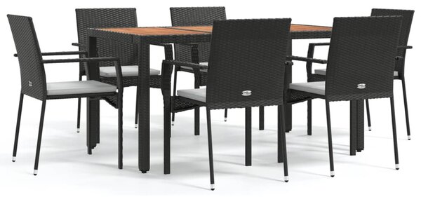 7 részes fekete polyrattan kerti étkezőgarnitúra párnával