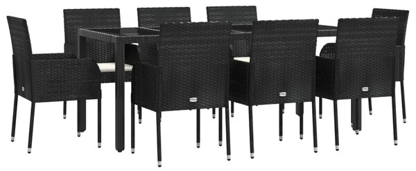 9 részes fekete polyrattan kerti étkezőgarnitúra párnákkal