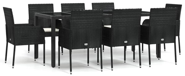 9 részes fekete polyrattan kerti étkezőgarnitúra párnákkal