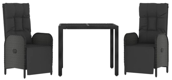 3 részes fekete polyrattan kerti étkezőgarnitúra párnákkal