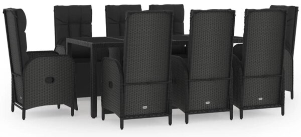 9 részes fekete polyrattan kerti étkezőgarnitúra párnákkal