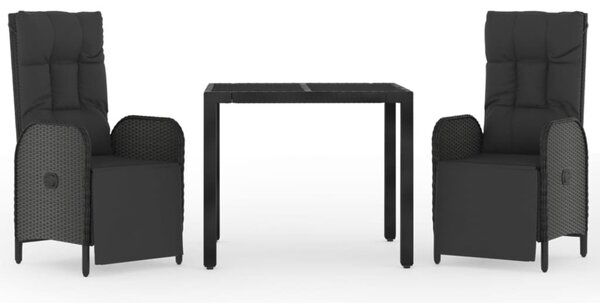 3 részes fekete polyrattan kerti étkezőgarnitúra párnákkal