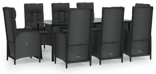 9 részes fekete polyrattan kerti étkezőgarnitúra párnákkal