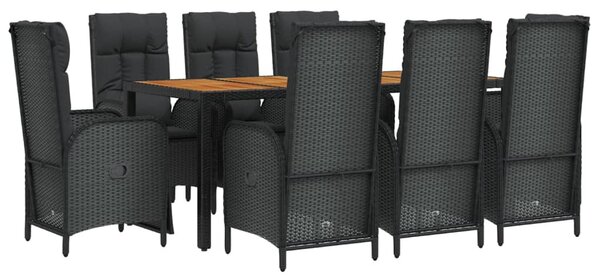 9 részes fekete polyrattan kerti étkezőgarnitúra párnákkal