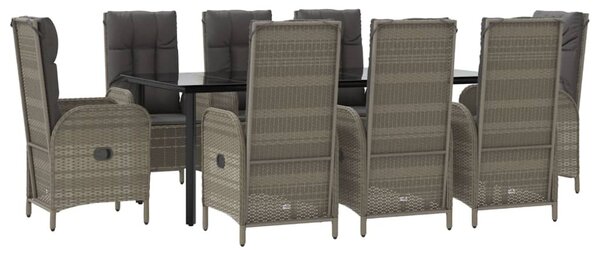 9 részes fekete és szürke polyrattan kerti étkezőszett párnával