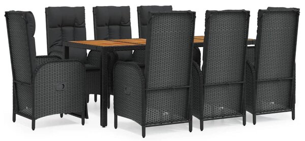 9 részes fekete polyrattan kerti étkezőgarnitúra párnákkal
