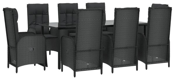 9 részes fekete polyrattan kerti étkezőgarnitúra párnákkal