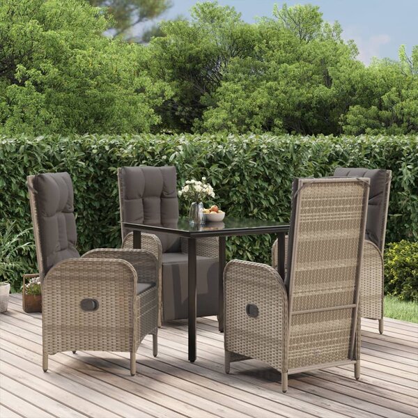 5 részes fekete és szürke polyrattan kerti étkezőszett párnával