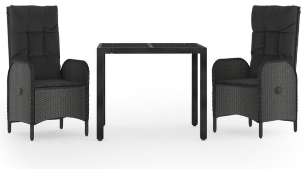 3 részes fekete polyrattan kerti étkezőgarnitúra párnákkal
