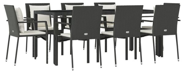 9 részes fekete polyrattan kerti étkezőgarnitúra párnákkal