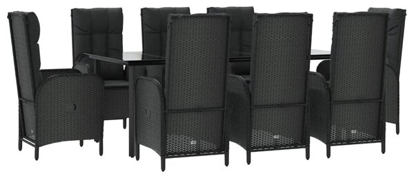 9 részes fekete polyrattan kerti étkezőgarnitúra párnákkal