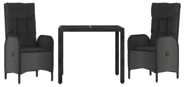 3 részes fekete polyrattan kerti étkezőgarnitúra párnákkal