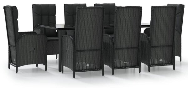 9 részes fekete polyrattan kerti étkezőgarnitúra párnákkal