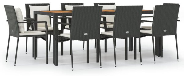 9 részes fekete polyrattan kerti étkezőgarnitúra párnákkal